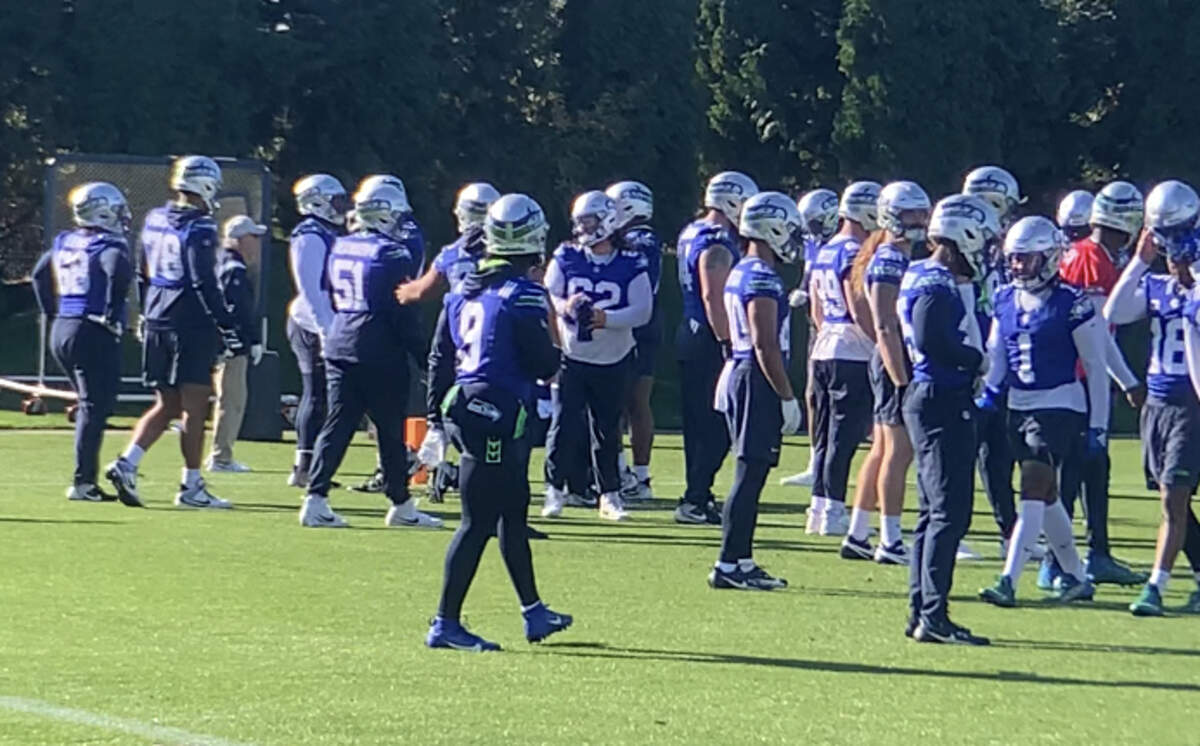 Kenneth Walker fully participating in the start of Seahawks practice Friday, Oct. 27, 2023, two days before they host the Cleveland Browns. Seattle’s lead running back missed the previous two practices dealing with a calf issue. The team did not list him on the injury report for Sunday’s game.