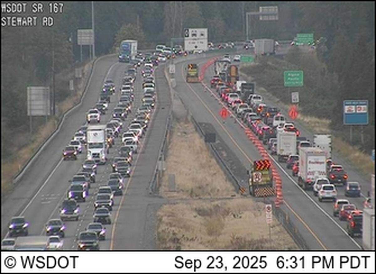 Backups extended for miles following a bridge strike that closed two northbound lanes on state Route 167 near 3rd Avenue, Tuesday, Sept. 23, 2025, in Pacific.