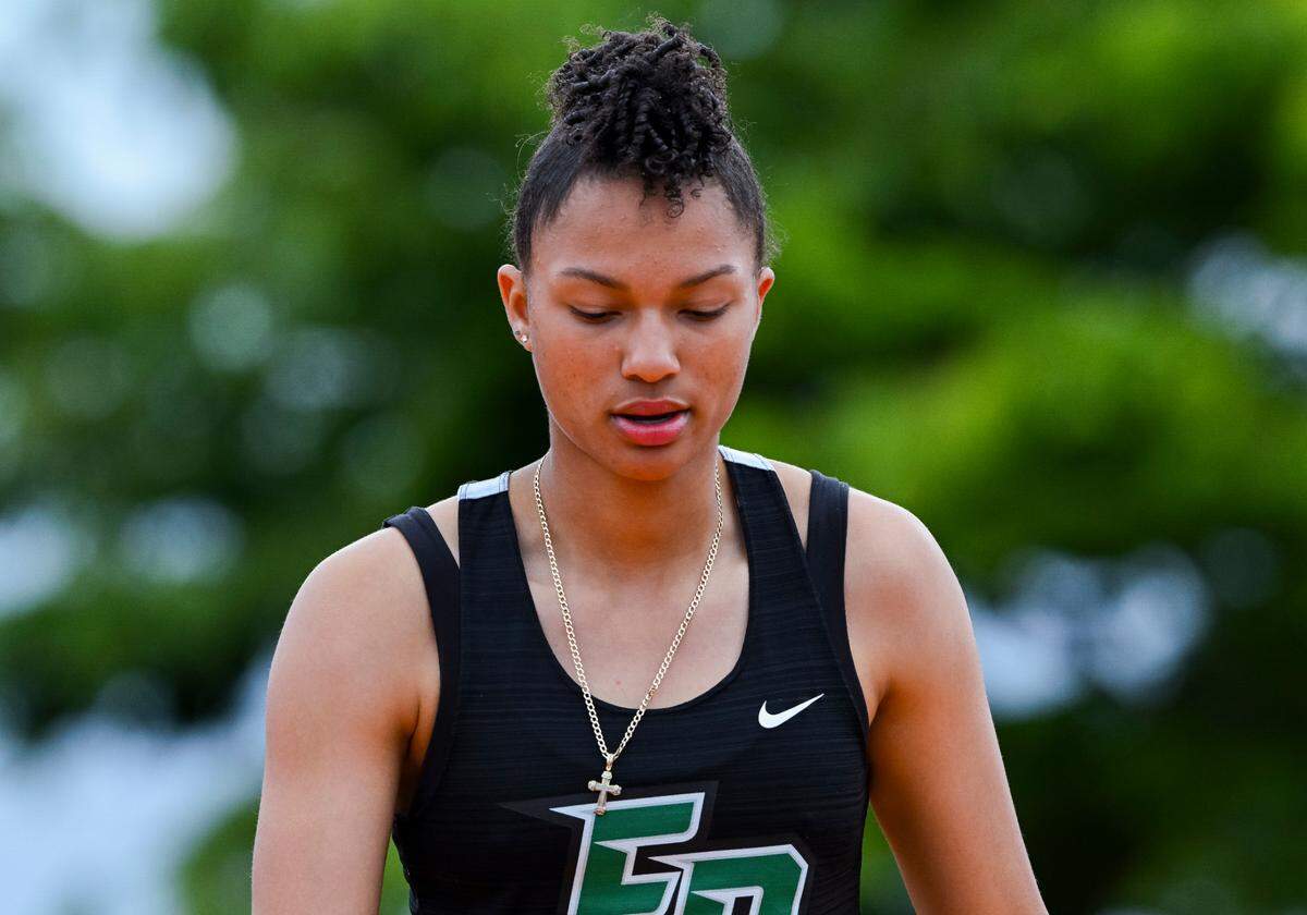 Emerald Ridge’s JaiCieonna Gero-Holt reacts to her 6-foot attempt in the 4A girls high jump during day 3 of the Track and Field Championship at Mount Tahoma High School, on Saturday, May 25, 2024, in Tacoma, Wash.