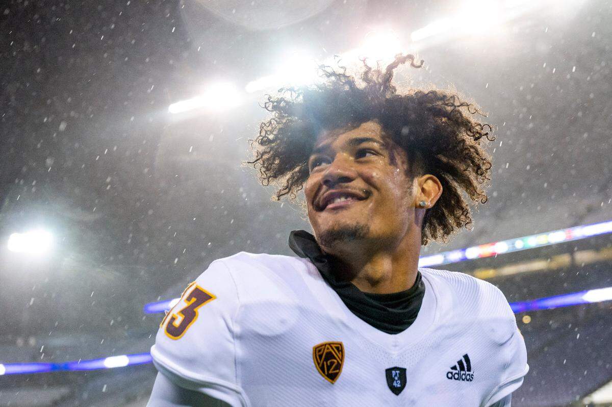 Arizona State wide receiver Lonyatta Alexander (13) smiles as he looks up at the Sun Devils fans after Arizona State beat Washington, 35-30, in a Pac-12 game on Saturday evening at Husky Stadium in Seattle. Alexander, a freshman, played at Kennedy Catholic last season.