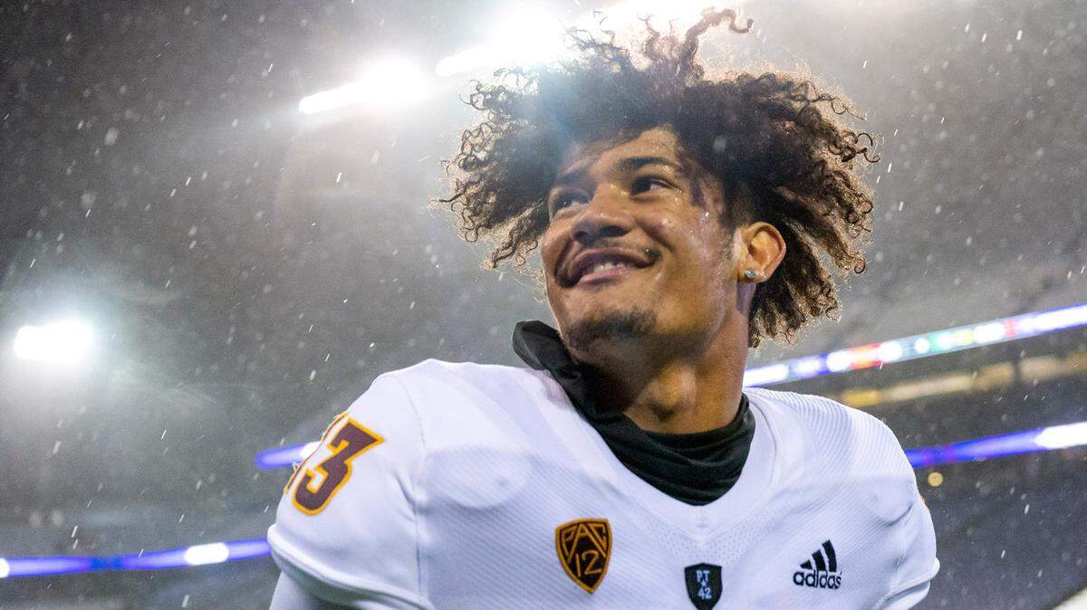 Arizona State wide receiver Lonyatta Alexander (13) smiles as he looks up at the Sun Devils fans after Arizona State beat Washington, 35-30, in a Pac-12 game on Saturday evening at Husky Stadium in Seattle. Alexander, a freshman, played at Kennedy Catholic last season.