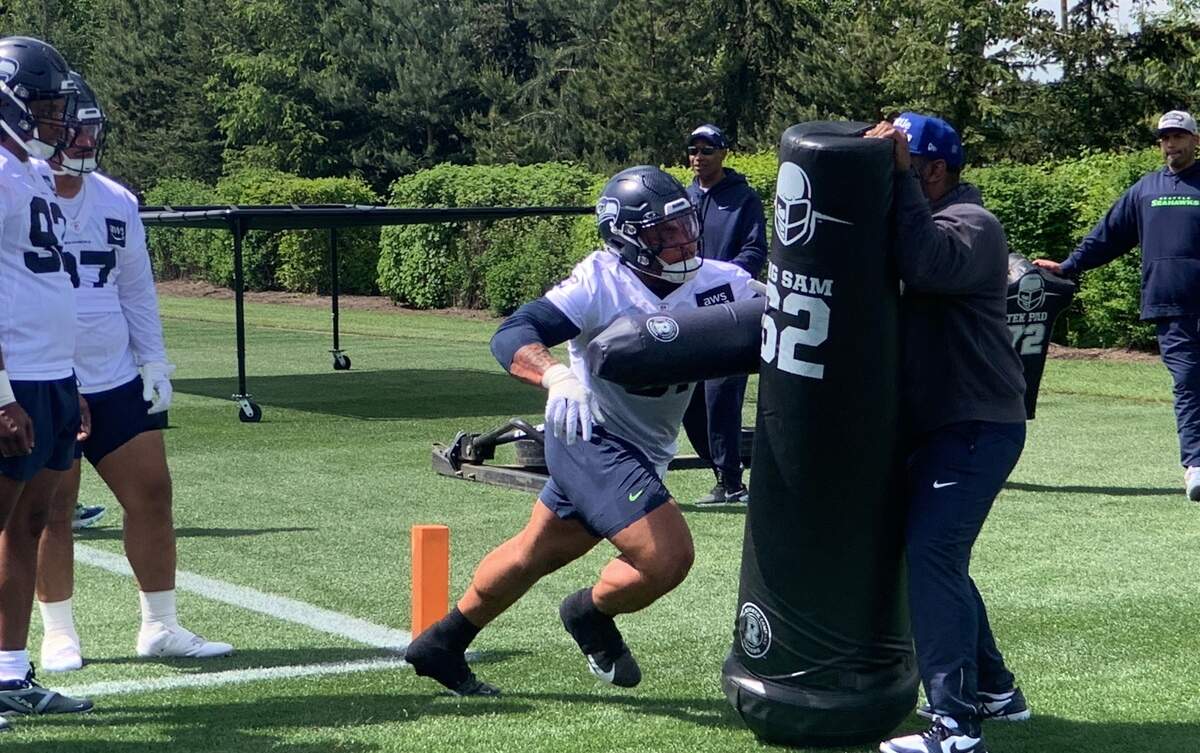 First-round draft choice Byron Murphy II from the University of Texas runs through a bag drill at the start of the first practice of Seattle Seahawks rookie minicamp on May 3, 2024, at the team’s Virginia Mason Athletic Center in Renton.