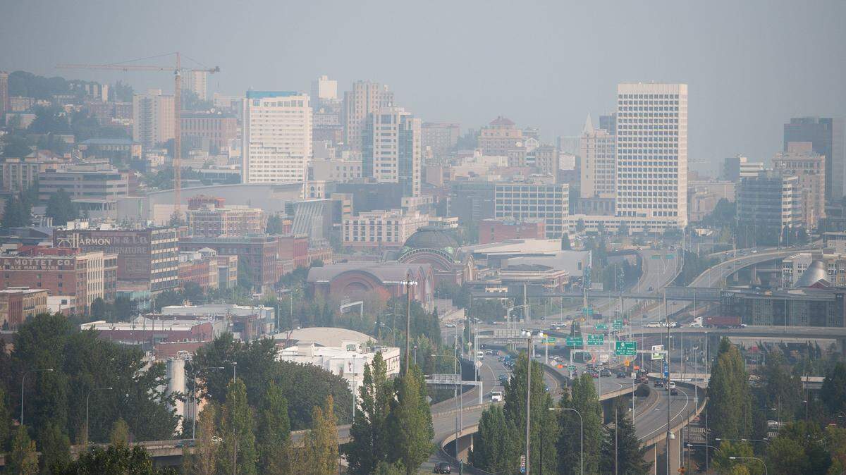 Smoke and haze cover downtown Tacoma on Aug. 14. Smoky air returned Sept. 9 because of wildfires. 
