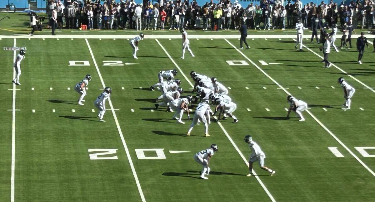 Seahawks starters line up against each other in pregame drills before Seattle’s NFL game at the Tennessee Titans Sunday, Nov. 23, 2025, at Nissan Stadium in Nashville.