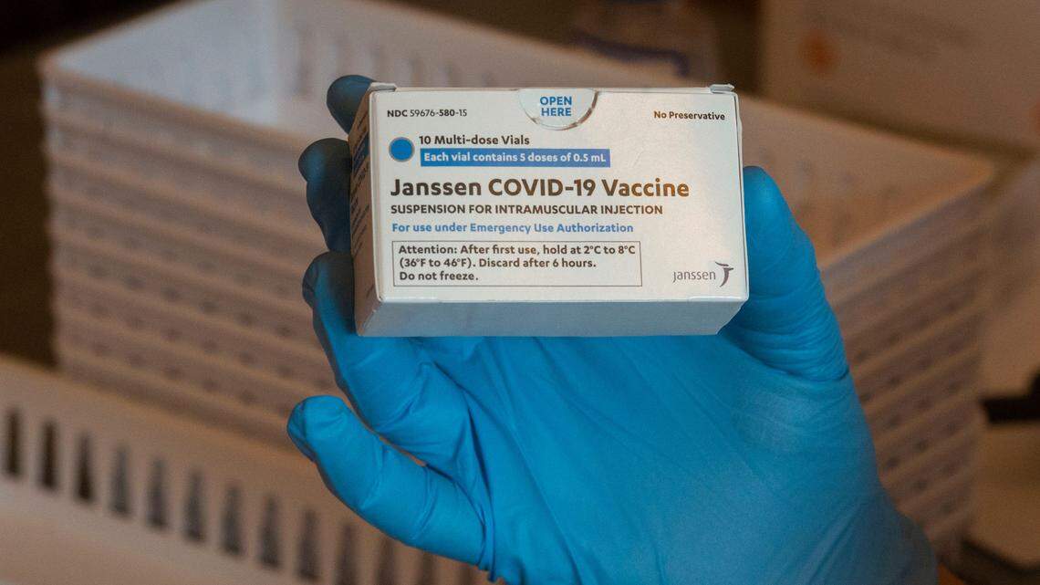 A container of vials of the one-shot Johnson & Johnson vaccine.