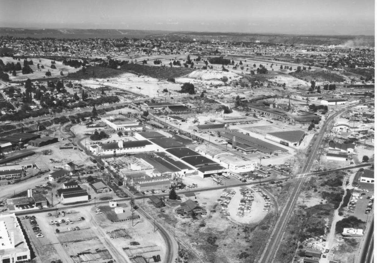 An aerial of photo of the Nalley Valley taken in 1959 by Richards Studio in Tacoma. All of the buildings in the center of the picture, to the left of the railroad tracks and above 35th Street, belonged to Marcus Nalley’s vast food production empire.