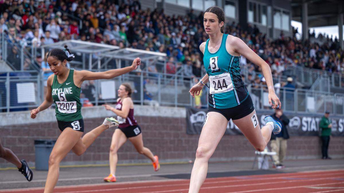 Bonney Lake’s Callie Wilson crosses the finish line in the 4A girls 200-meter dash on Saturday, May 31, 2025, during the 2025 WIAA Track & Field Championships at Mount Tahoma High School in Tacoma, Wash. Wilson placed second, with a 24.56-second run.