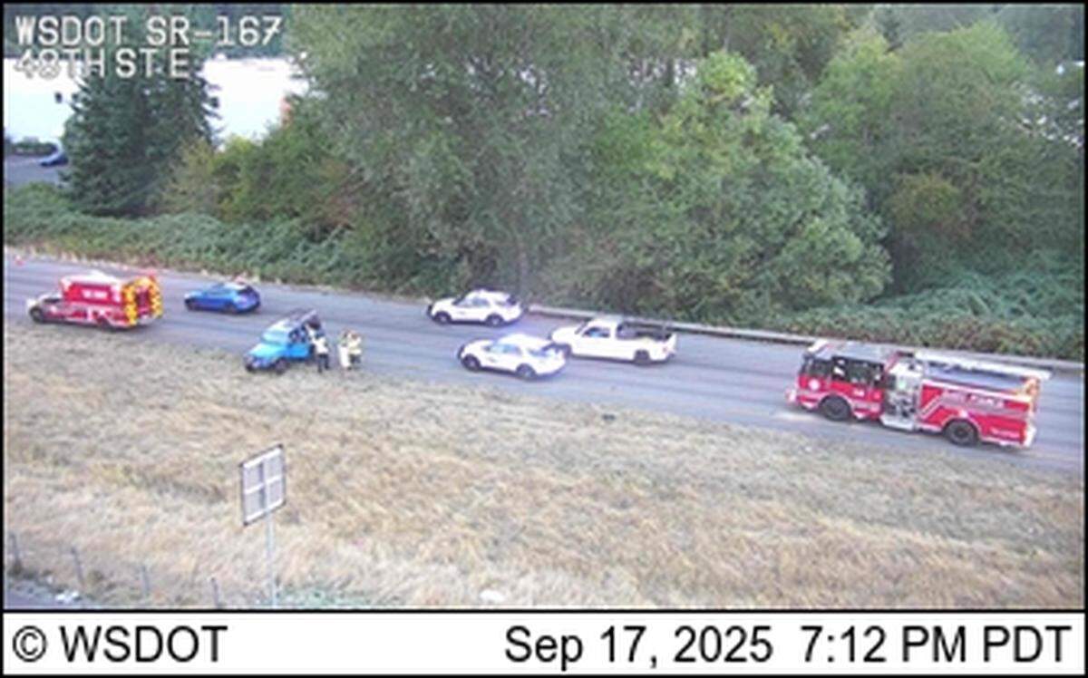 Cameras from the WSDOT real-time map showed emergency personnel responding to an incident on southbound state Route 167 Wednesday, Sept. 17, 2025.