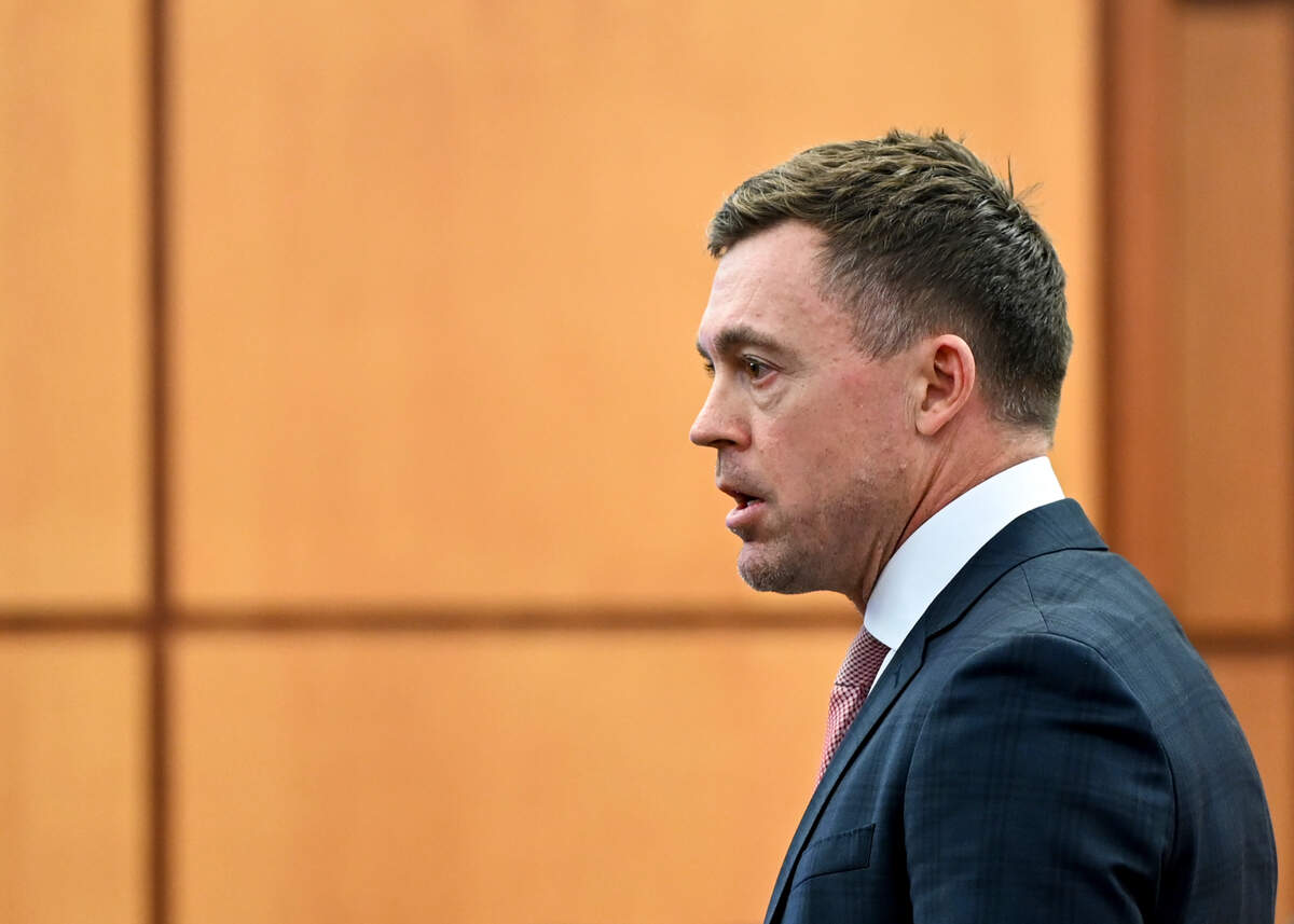 Defense attorney Casey Arbenz gives opening statements on behalf of defendant Officer Matthew Collins during the trial of three Tacoma Police officers in the killing of Manny Ellis at Pierce County Superior Court, Monday, Nov. 13, 2023, in Tacoma, Wash. Tacoma Police Officers Christopher Burbank, Matthew Collins and Timothy Rankine stand trial for charges related to the March 2020 killing of Manny Ellis. (Brian Hayes / Pool Photo – The News Tribune)
