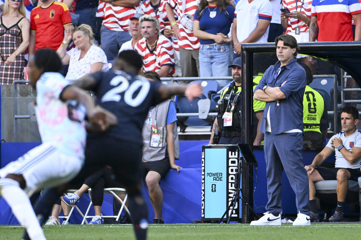 United States of America head coach Mauricio Pochettino watches the action of a round of sixteen FIFA World Cup match against Belgium on Monday, July 6, 2026, in Seattle.