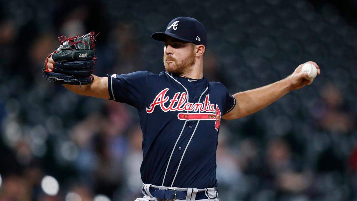 Atlanta Braves relief pitcher Jesse Biddle works against the Colorado Rockies during the ninth inning of a baseball game Tuesday, April 9, 2019, in Denver. The Braves won 7-1.