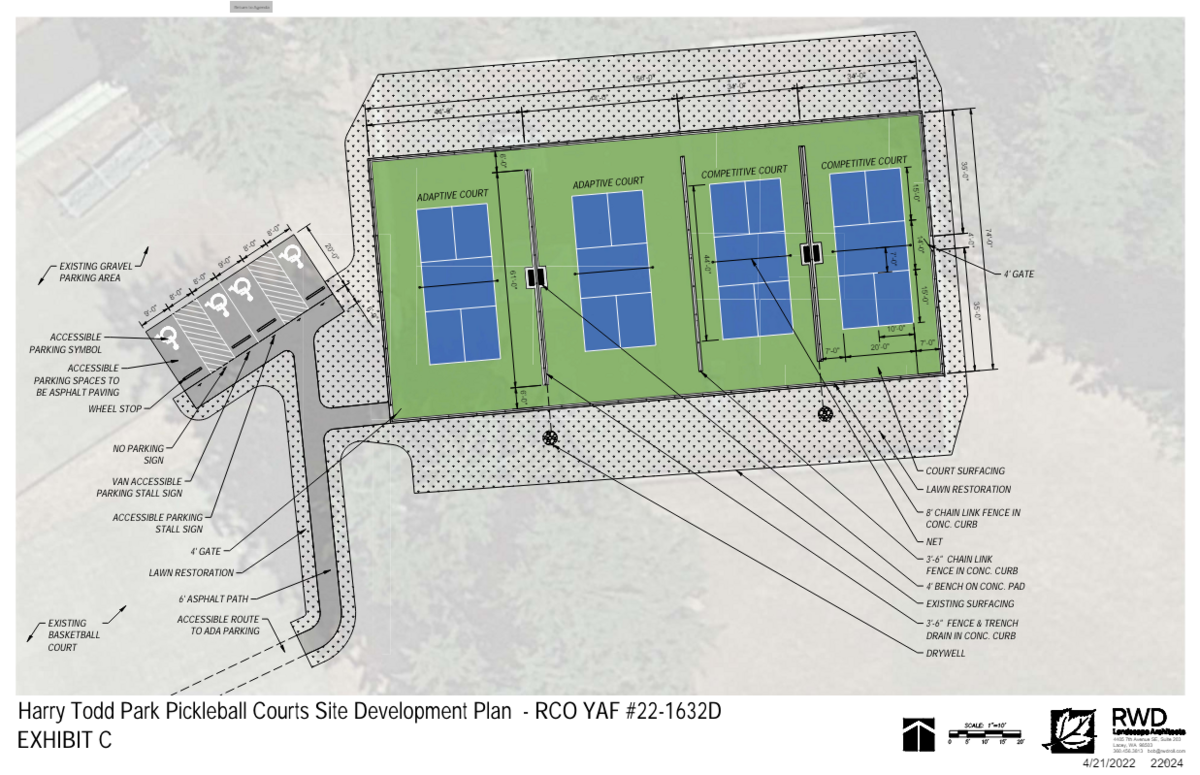 A site design plan shows what new pickleball courts at Harry Todd Park in Lakewood may look like by the end of 2025.
