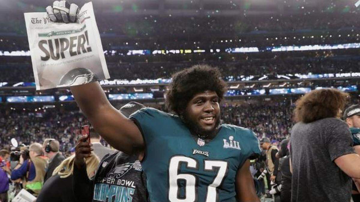 Former 10th-overall draft choice Chance Warmack, here as a member of the Philadelphia Eagles celebrating their Super Bowl 52 win in February 2018, signed a one-year contract with the Seahawks in March.