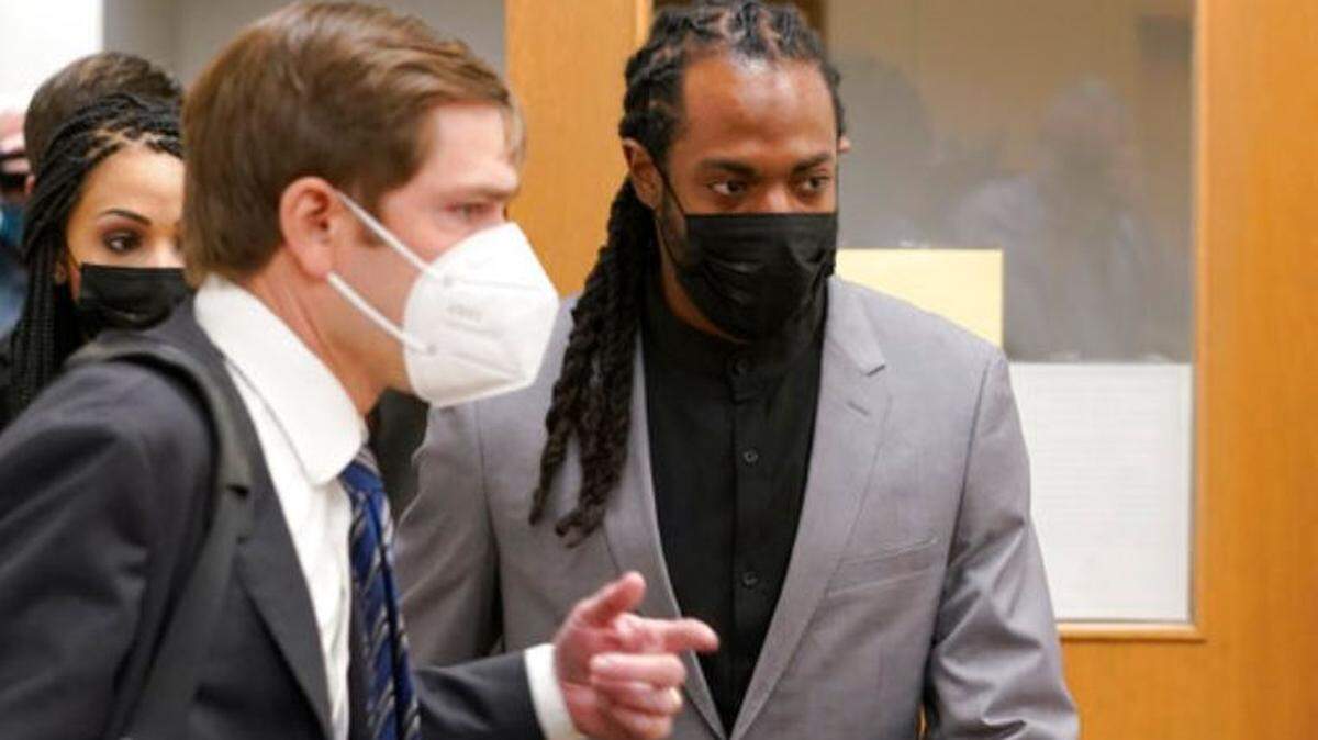 Richard Sherman in King County District Court in Seattle Friday afternoon. The former Seahawks Super Bowl-champion cornerback pleaded not guilty to three gross misdemeanor and two misdemeanor charges from incidents in suburban Redmond early Wednesday.
