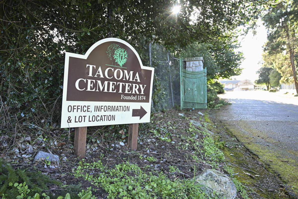 A sign marks the entrance to the old Tacoma Cemetery on Monday, March 9, 2026, in Tacoma, Wash.