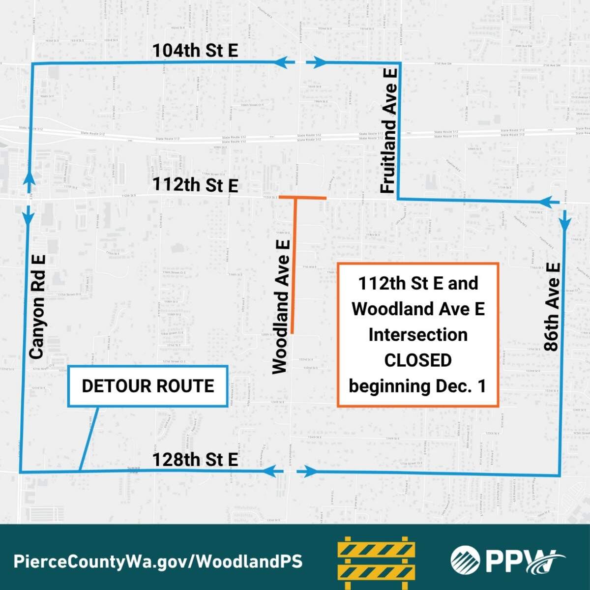 A map of alternative routes during the month-and-a-half long closure of 112th Street East at the intersection of Woodland Avenue East. The closure will take effect on Dec. 1.