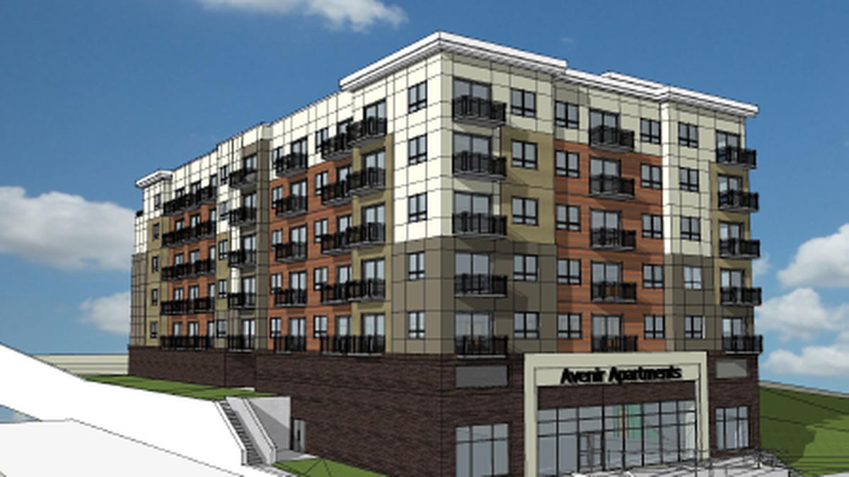 A rendering of Avenir Apartments from August 2022. The development site, 3718 Pacific Ave., is for sale.