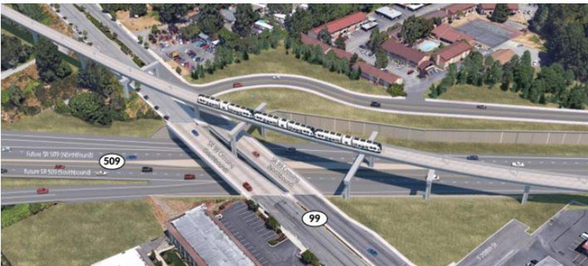 A new state Route 99 bridge will be built over the future state Route 509 expressway. Light rail will travel above. Sound Transit is building the SR 99 bridge for WSDOT as part of the Federal Way Link Extension.