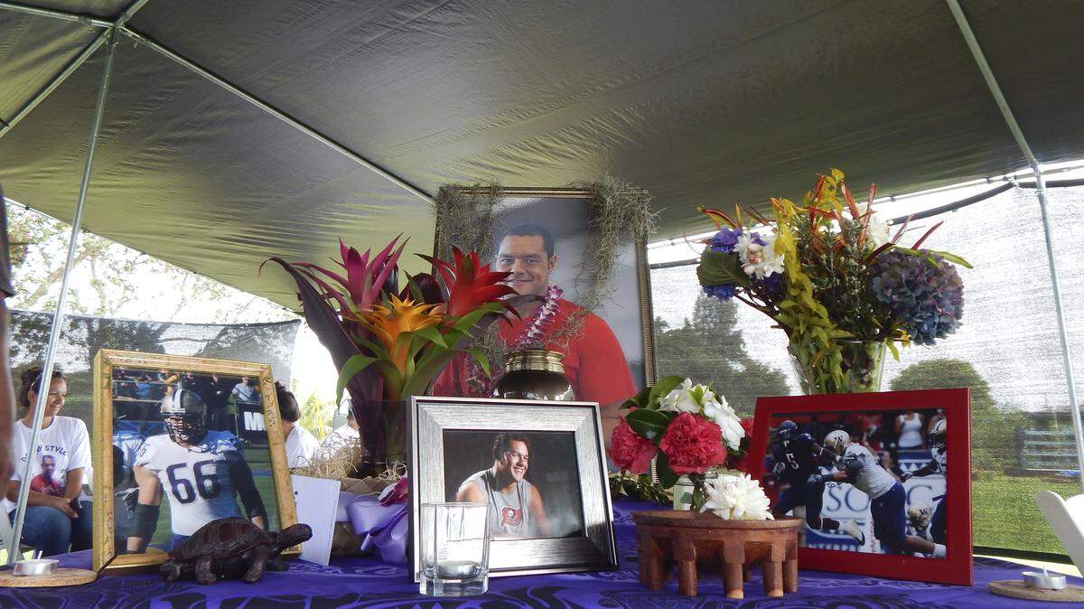 A photo provided by Angel Yandall of a shrine for Daniel Te’o-Nesheim in November 2017, the day after a memorial gathering for him at a friend’s house on the Big Island of Hawaii. Te’o-Nesheim, who played four seasons in the NFL and was found dead at age 30, left a paper trail of his struggles dealing with chronic traumatic encephalopathy’s now familiar symptoms — including paranoia, disorientation, memory lapses and angry outbursts.