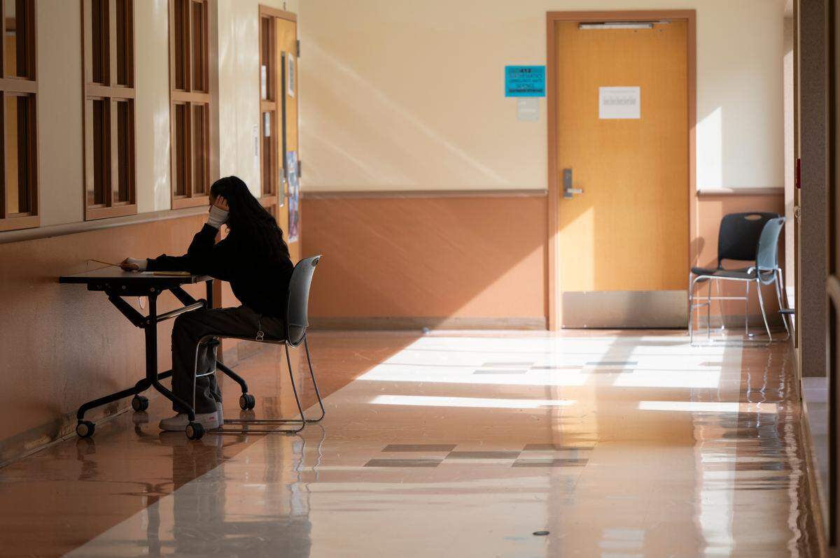 Overcrowding at Bonney Lake High School has left students having class in the hallways, on Wednesday, Oct. 9, 2024 in Bonney Lake, Wash.