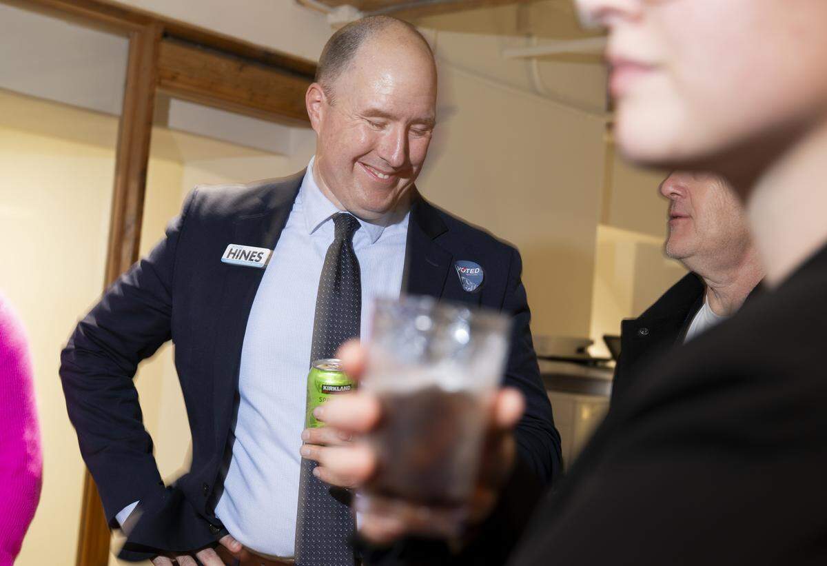 Mayoral candidate John Hines reacts to the first batch of election results at a watch party at UrbanWork at the Rhode Center, on Tuesday, Nov. 4, 2025, in Tacoma, Wash.
