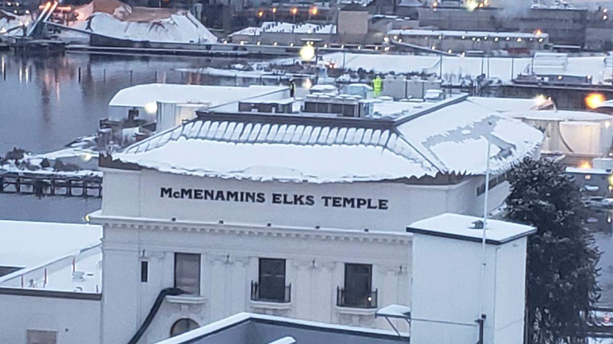 Sliding snow was seen on the roof of McMenamins Elks Temple after the recent snowstorms in Tacoma.