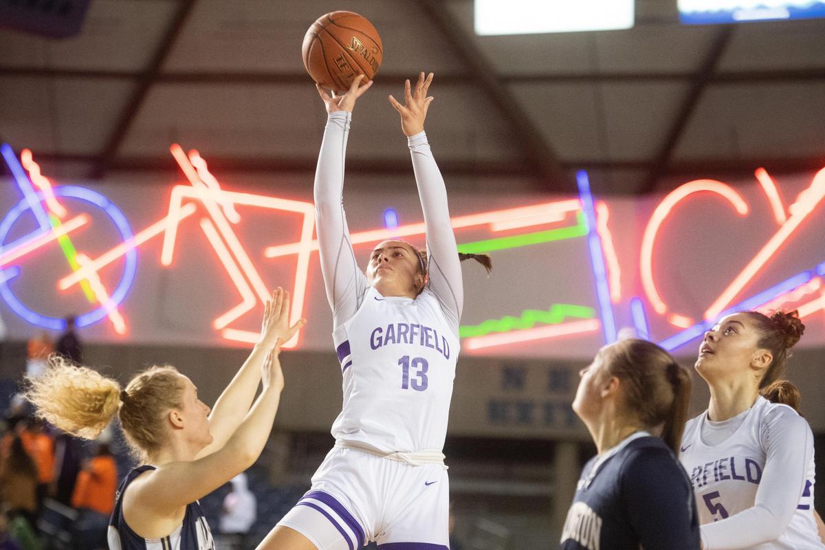 Garfield’s Meghan Fiso shoots during the first quarter. Garfield played Arlington in a basketball game at Hardwood Classic at the Tacoma Dome in Tacoma, Wash., on Friday, March 6, 2020.