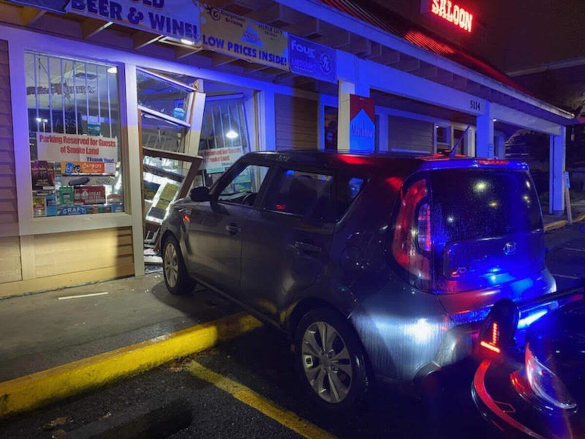 A car rammed into the entrance to Smokeland, a tobacco and liquor store in Gig Harbor, in a smash-and-grab incident at 2:25 a.m. Sunday, Nov. 3, 2024.