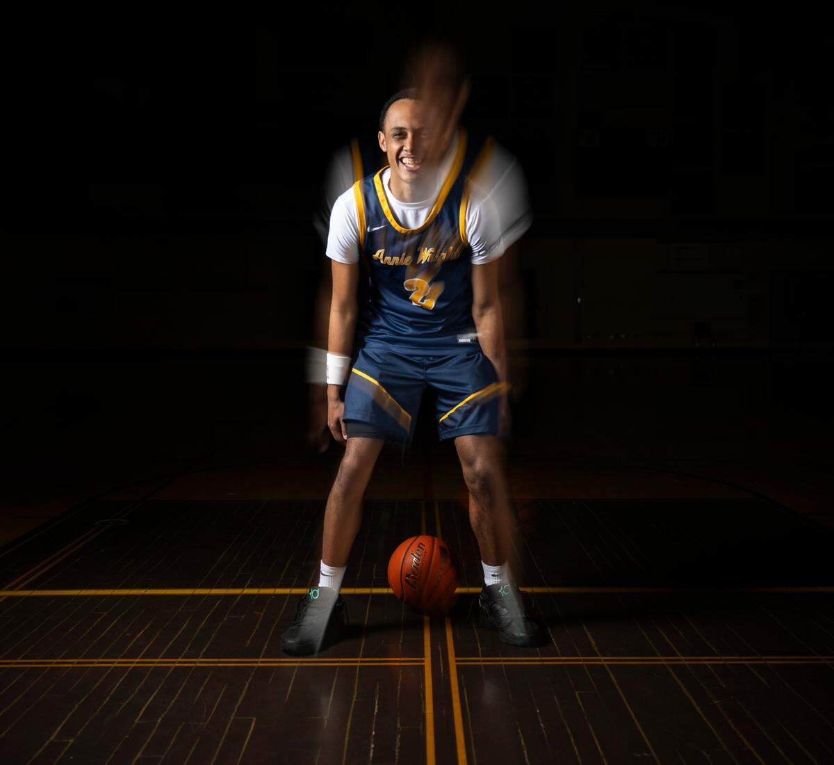 Annie Wright senior Jeremiah Harshman, The News Tribune’s 2025 All-Area boys basketball player of the year, poses for a portrait at Sumner High School, on Sunday, March 23, 2025, in Sumner.