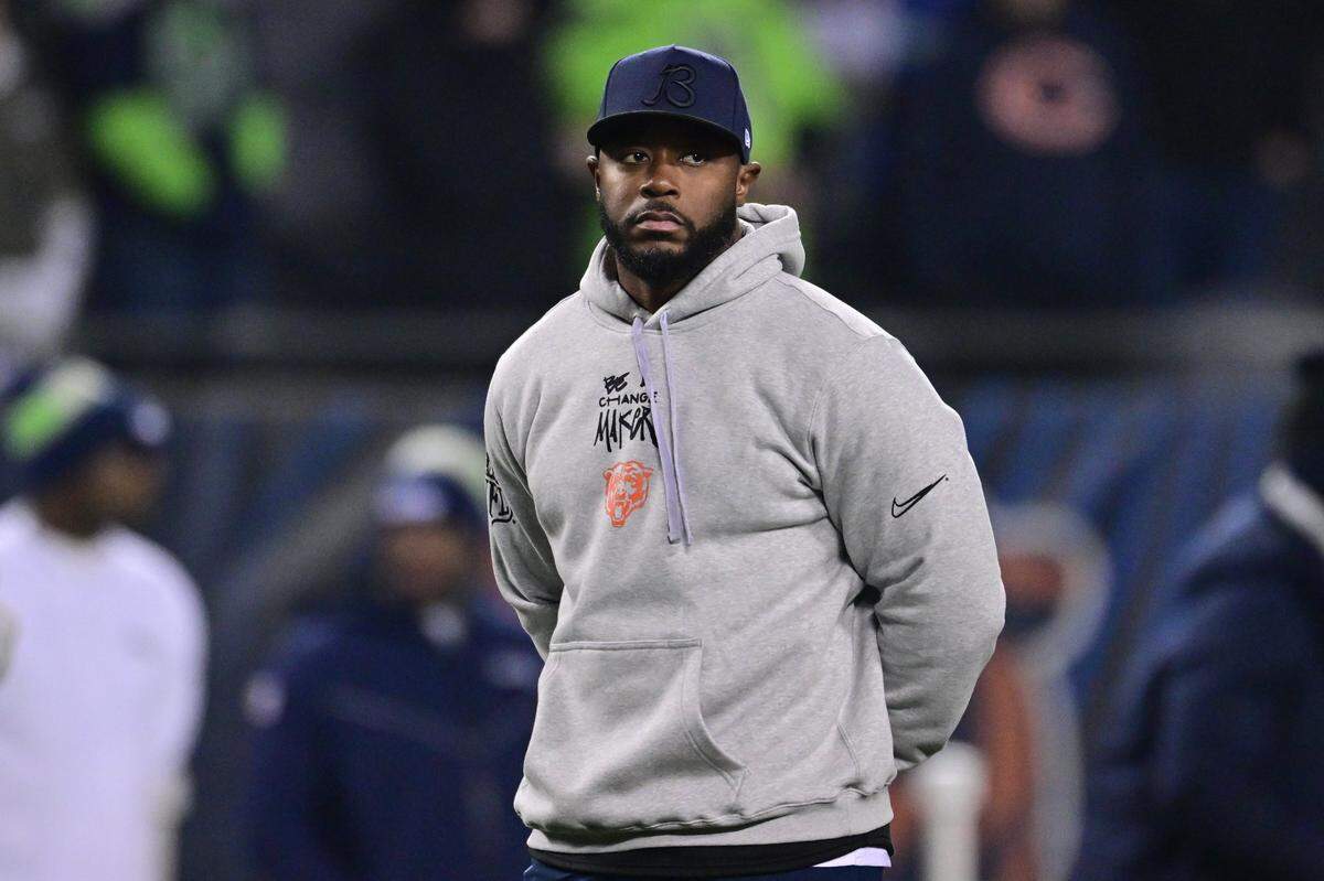 Dec 26, 2024; Chicago, Illinois, USA; Chicago Bears interim head coach Thomas Brown looks on before the game against the Seattle Seahawks at Soldier Field. Mandatory Credit: Daniel Bartel-Imagn Images