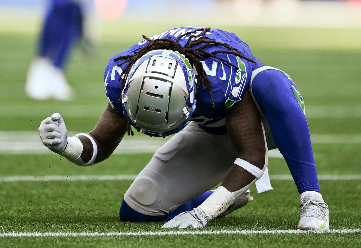 Seattle Seahawks safety Rayshawn Jenkins (2) pounds the ground after get a tackle during the third quarter of the game against the Denver Broncos at Lumen Field, on Sunday, Sept. 8, 2024, in Seattle, Wash.