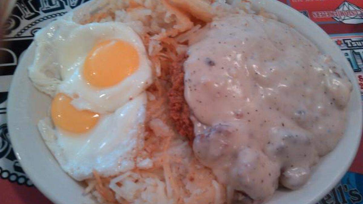 The chicken-fried steak, hash browns and eggs at Marcia’s Silver Spoon.