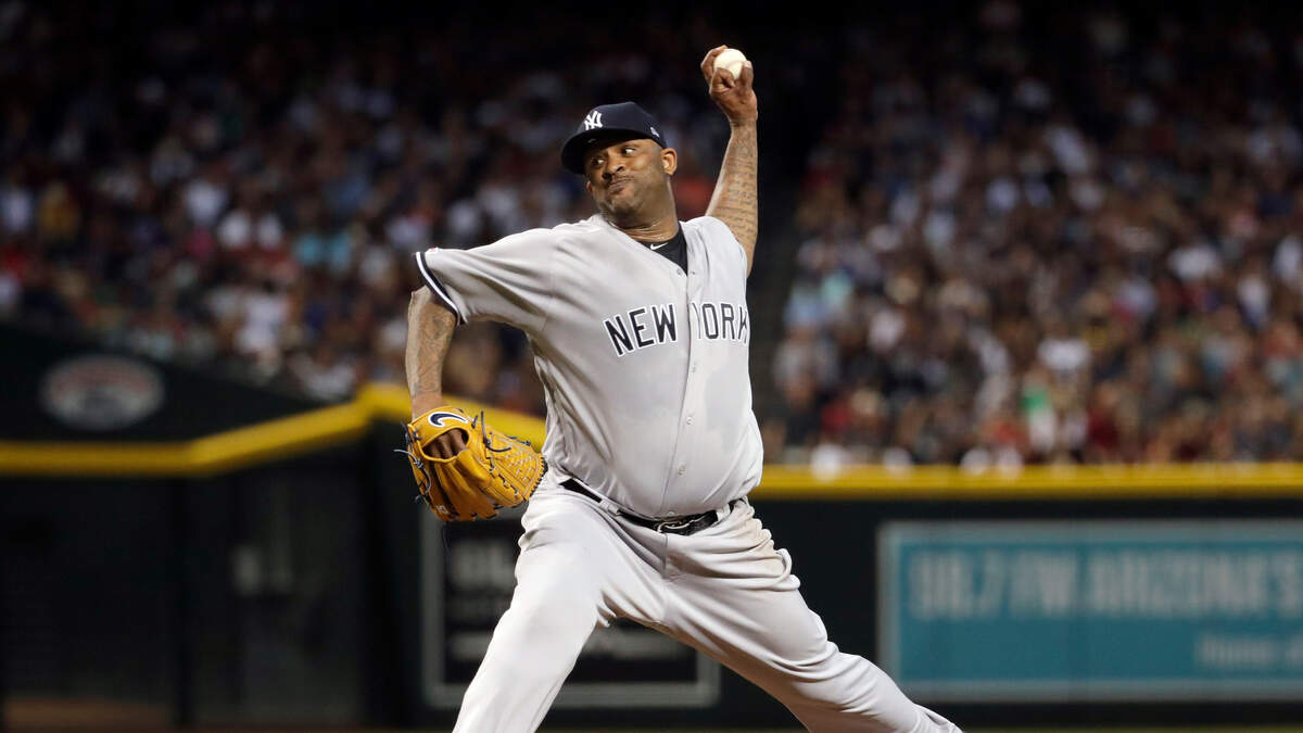 New York Yankees starting pitcher CC Sabathia throws a pitch for his 3,000th career strikeout, during the second inning of the team’s baseball game against the Arizona Diamondbacks, Tuesday, April 30, 2019, in Phoenix.