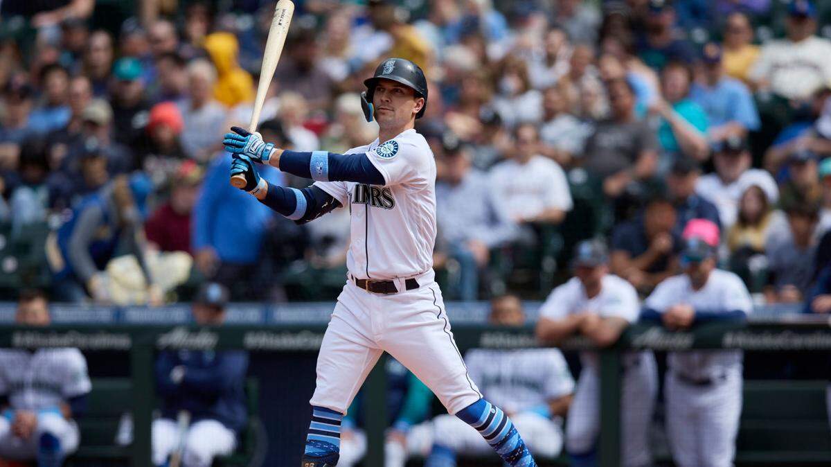 Seattle Mariners’ Adam Frazier strikes out for the final out of a baseball game against the Los Angels Angels, Sunday, June 19, 2022, in Seattle. (AP Photo/John Froschauer)
