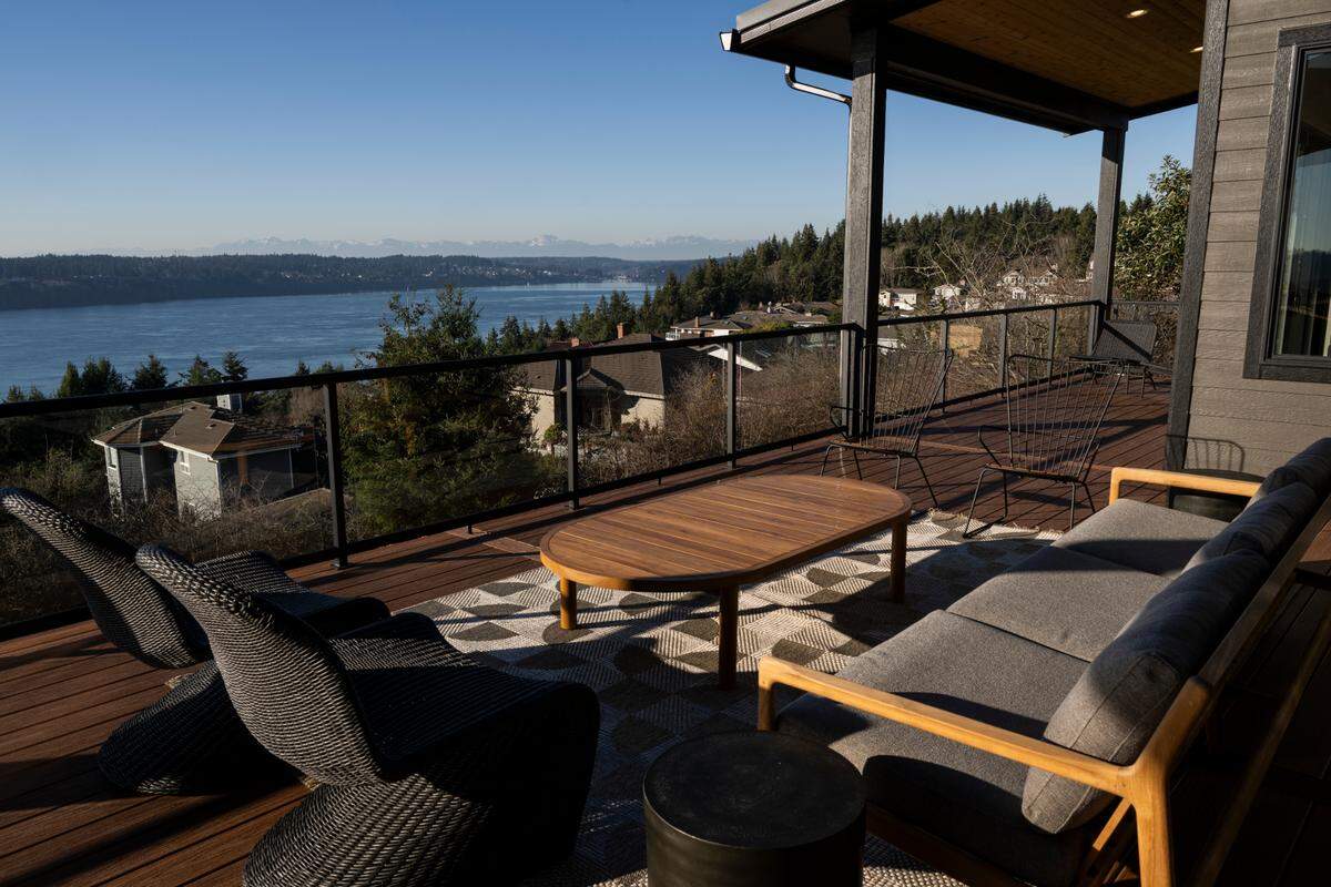 A sweeping view of the Olympic Mountains, Gig Harbor, the Tacoma Narrows Bridge and modern amenities are featured in this home on the market from Rush Residential, on Wednesday, Jan. 29, 2025, in Tacoma.