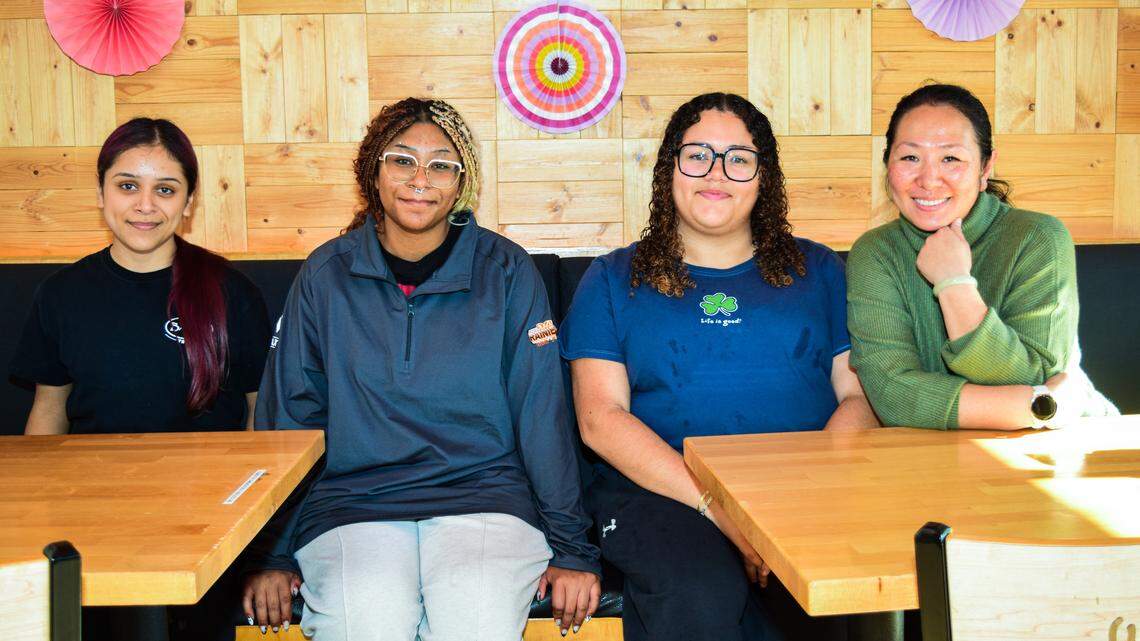 The Tacoma location of Bambu, a Vietnamese dessert cafe franchise, will close in the Lincoln District in November 2025, after nine years. Owner Chun Huynh (right) sits with some of her staff on Saturday, Nov. 1, 2025. From left: Leilani Fordham, Mychala Williams, Natalia Andrade.