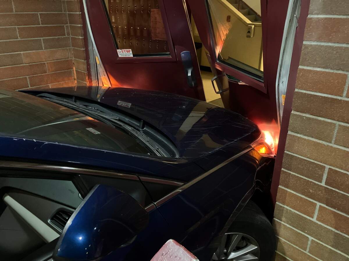 A Hyundai sedan crashed into the front doors and fence of Bethel High School on Oct. 1. Pierce County deputies have not identified a suspect.