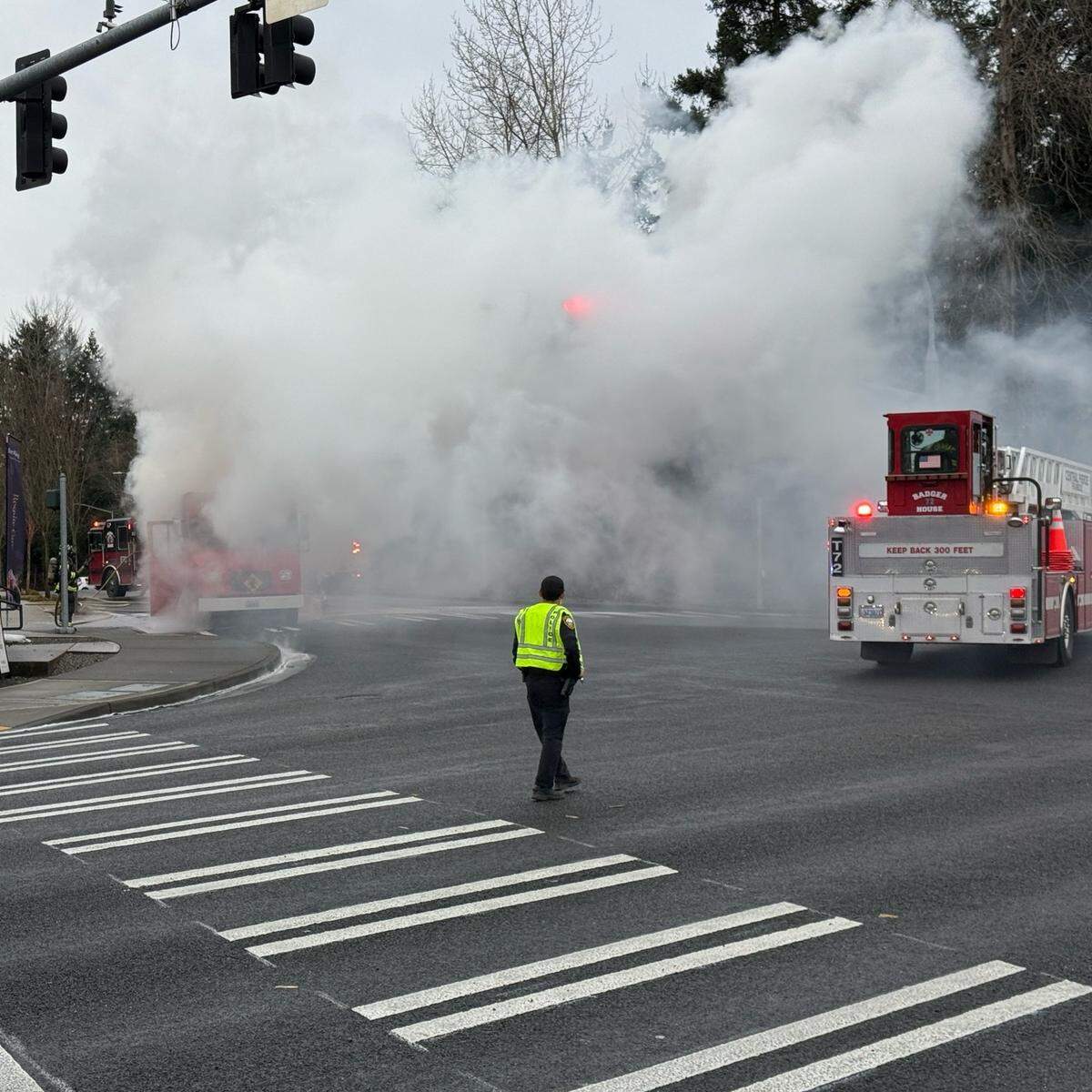 Crews from Central Pierce Fire and Rescue work to put out a fire at Tin Hut BBQ on Feb. 23, 2026.