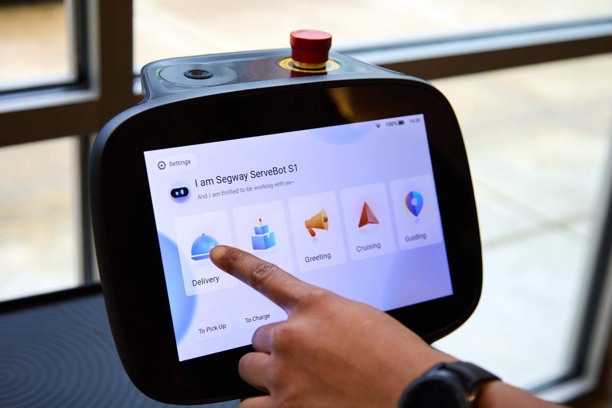 A close-up of the command panel of the serving robot in use at GenCare Lifestyle Tacoma at Point Ruston.
