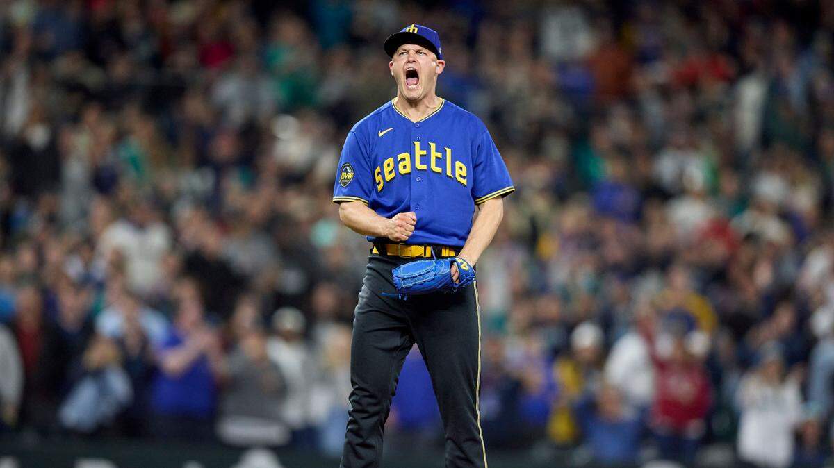Seattle Mariners closing pitcher Paul Sewald reacts after striking out Chicago White Sox’s Jake Burger for the final out of a baseball game Friday, June 16, 2023, in Seattle.