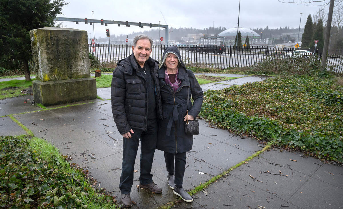 Donald “Jerry” Pugnetti and his wife, Wendy Pugnetti, visit the small park named after his father, Donald A. Pugnetti Park, in downtown Tacoma, Washington, on Monday, Feb. 12, 2023. The park was dedicated in 1987 to honor the longtime Tacoma News Tribune editor.
