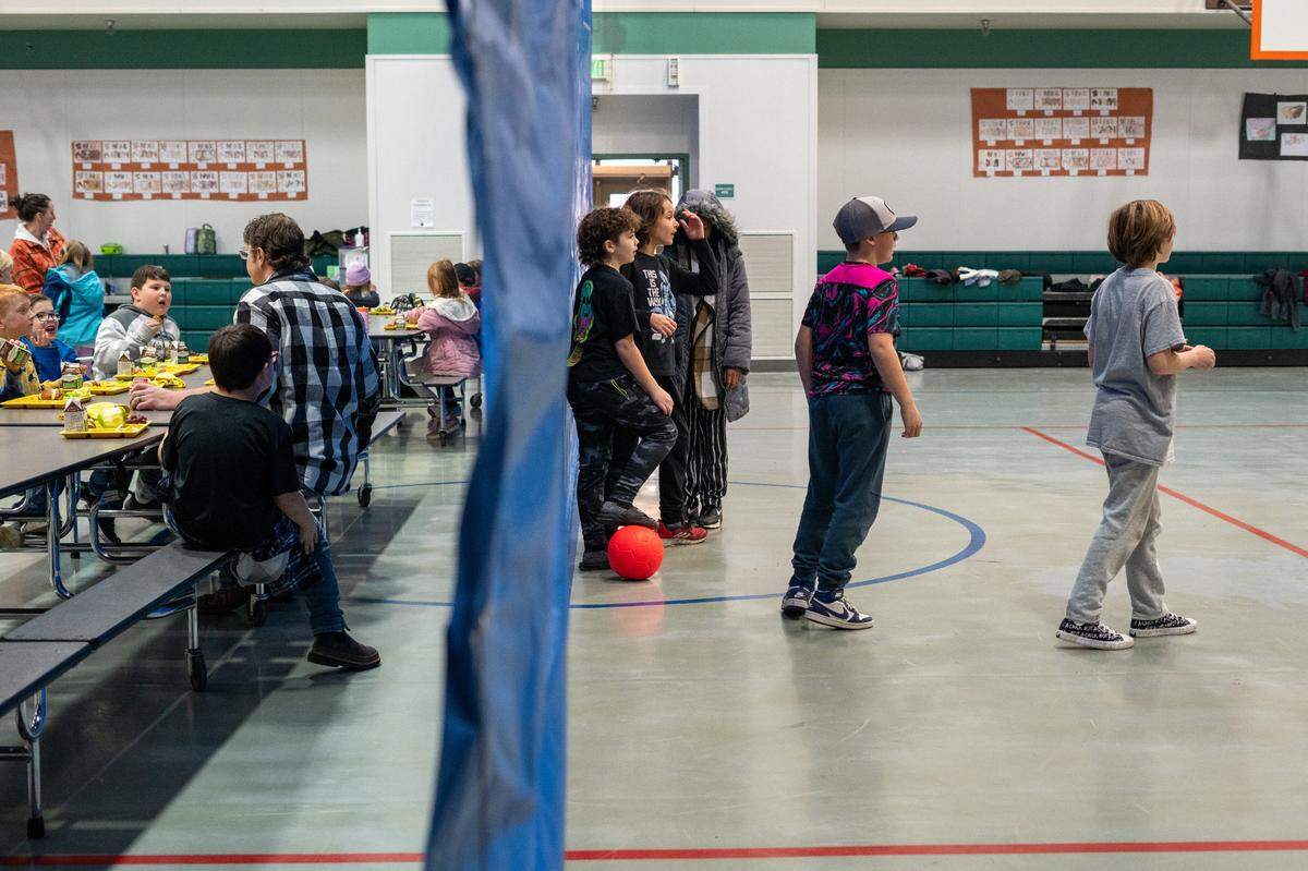 Lunchtime and gym classes operate simultaneously at Ptarmigan Ridge Elementary School. The Orting School District plans to place its $150 million bond proposal on the ballot again after voters rejected it on Feb. 14.