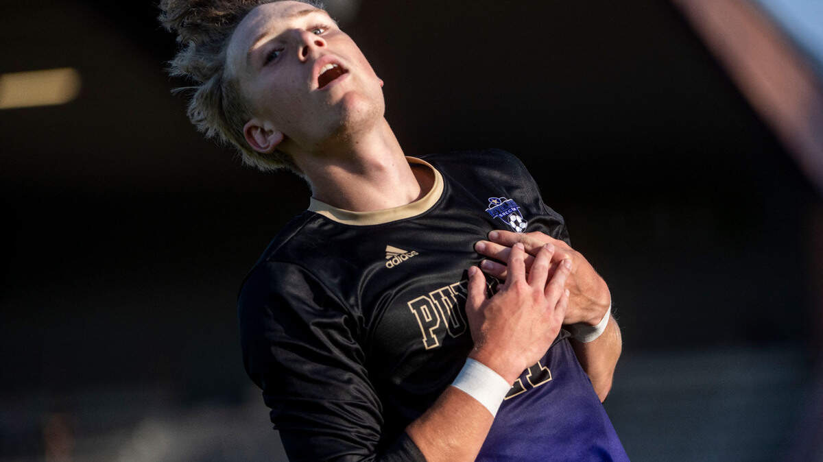Puyallup forward Chase McMillian reacts after missing out on a scoring opportunity during the second half of the Class 4A state championship game against Skyline on Saturday, May 27, 2023, at Sparks Stadium in Puyallup, Wash.