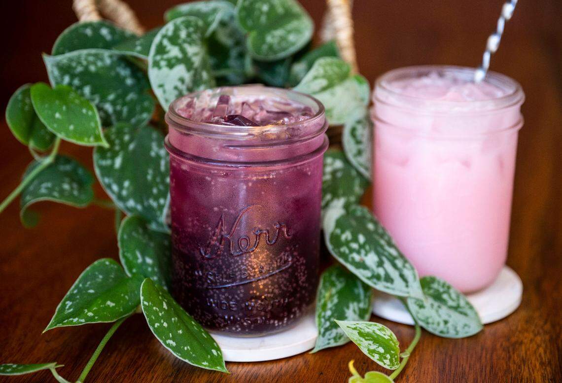 Jordyn and Emily Curran have harnessed their years in drive-thru coffee, where Lotus energy drinks are a popular order, at their first cafe. Try the Desert Rain (left) with desert pear, blackberry and lemon and the Wild Rose with pineberry (a “white strawberry” flavor), guava and coconut milk.