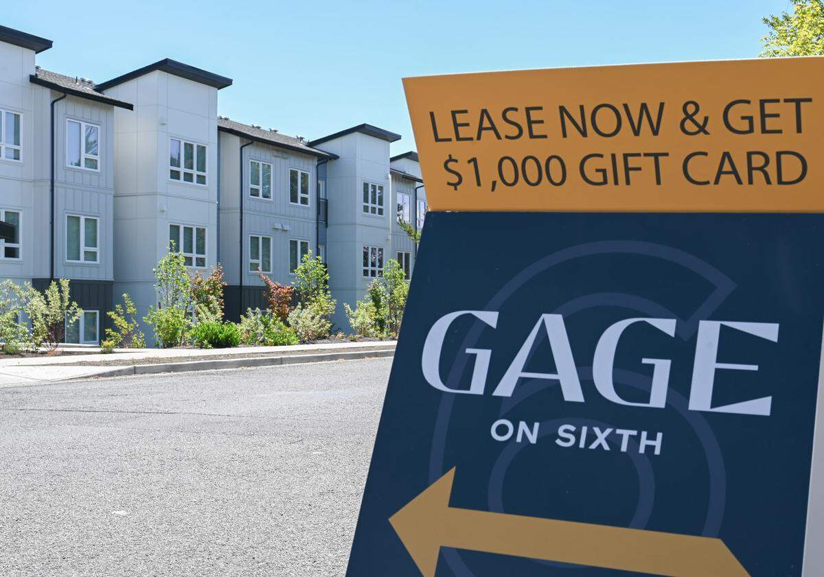 A sign advertising move-in specials at Gage on Sixth seen Wednesday.
