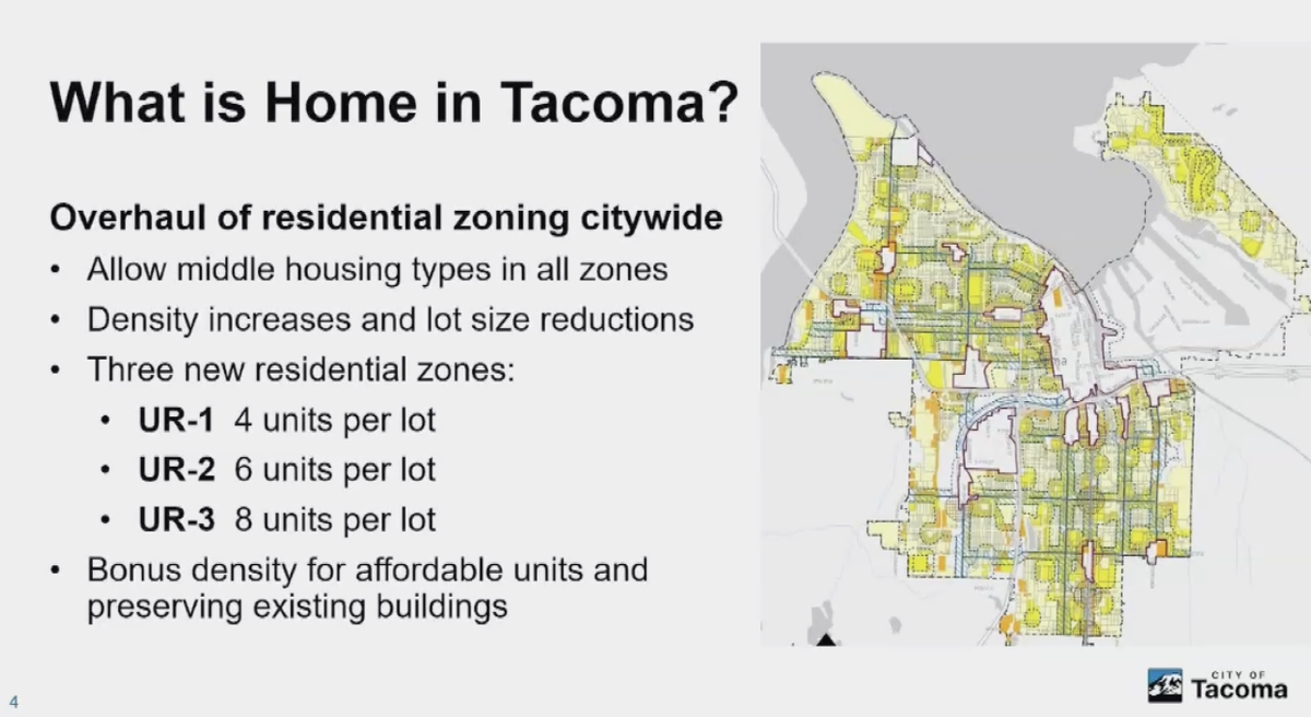 A slide from the presentation to City Council explaining Tacoma’s Urban Residential (UR) zones as part of Home in Tacoma.
