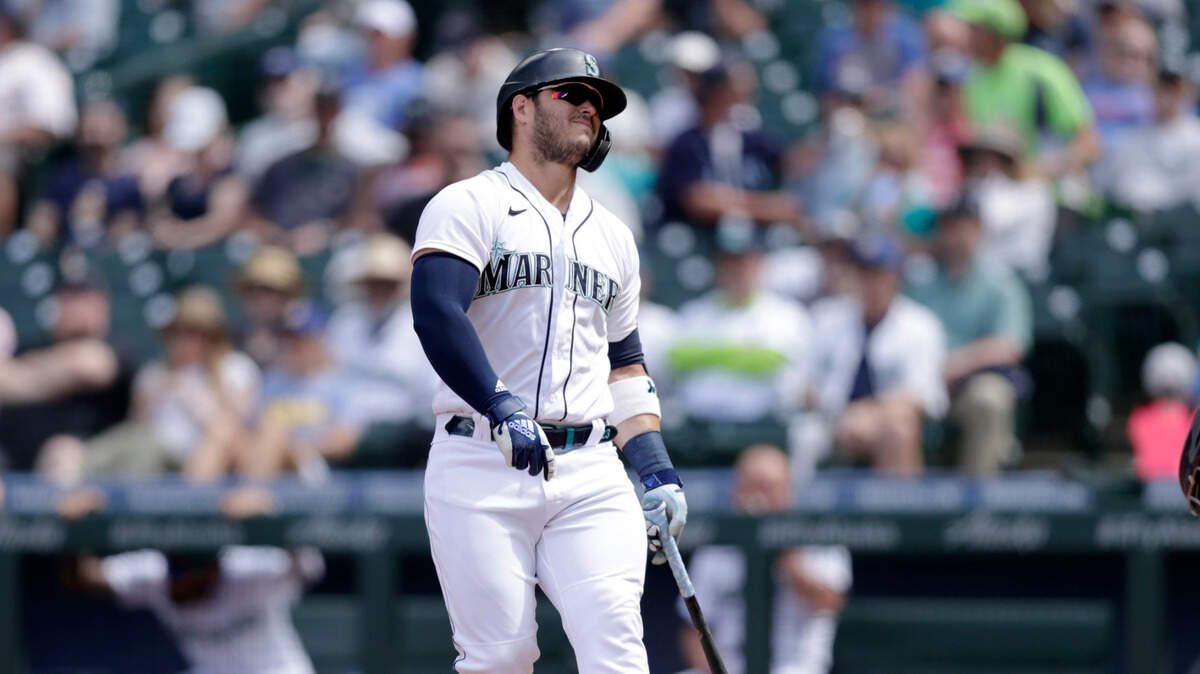Seattle Mariners’ Ty France reacts after striking out to Colorado Rockies starting pitcher German Marquez during the seventh inning of a baseball game, Wednesday, June 23, 2021, in Seattle. (AP Photo/John Froschauer)