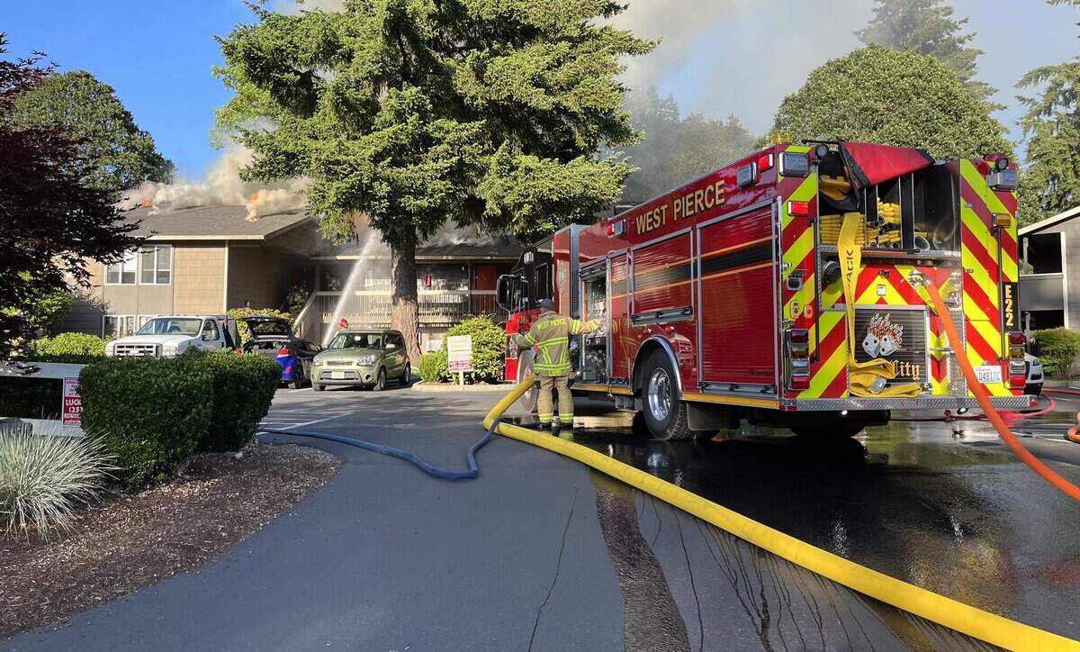 An apartment fire Monday evening in the 10800 block of 108th Avenue Southwest near Lakewood damaged 10 units in the two-story complex, according to West Pierce Fire & Rescue. No injuries were reported.
