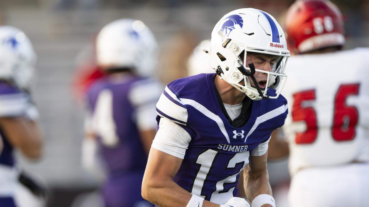 Sumner defensive back Jayden Martemianov (12) reacts to a hit on special teams during the first half of the game against Kennedy Catholic Lancers at Sunset Chev Stadium on Friday, Sept. 12, 2025, in Sumner, Wash.