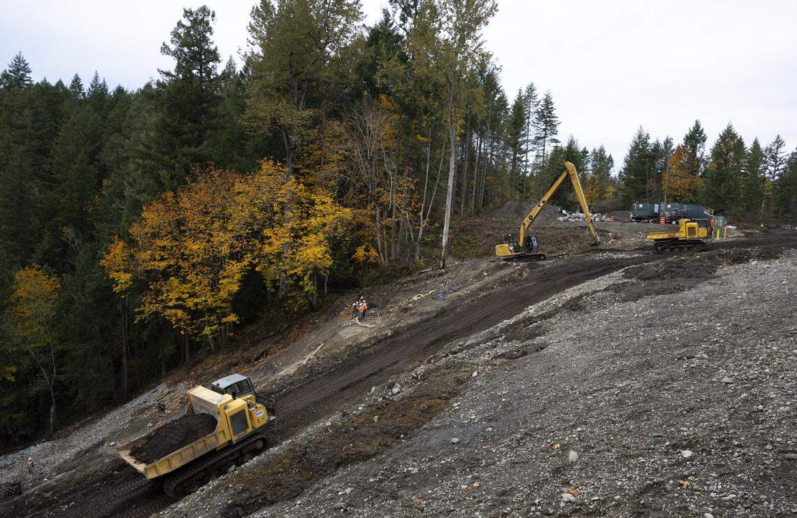 The Washington Department of Ecology works to clean up the site of a former landfill within Nisqually State Park on Thursday, Oct. 30, 2025, in Eatonville, Wash.
